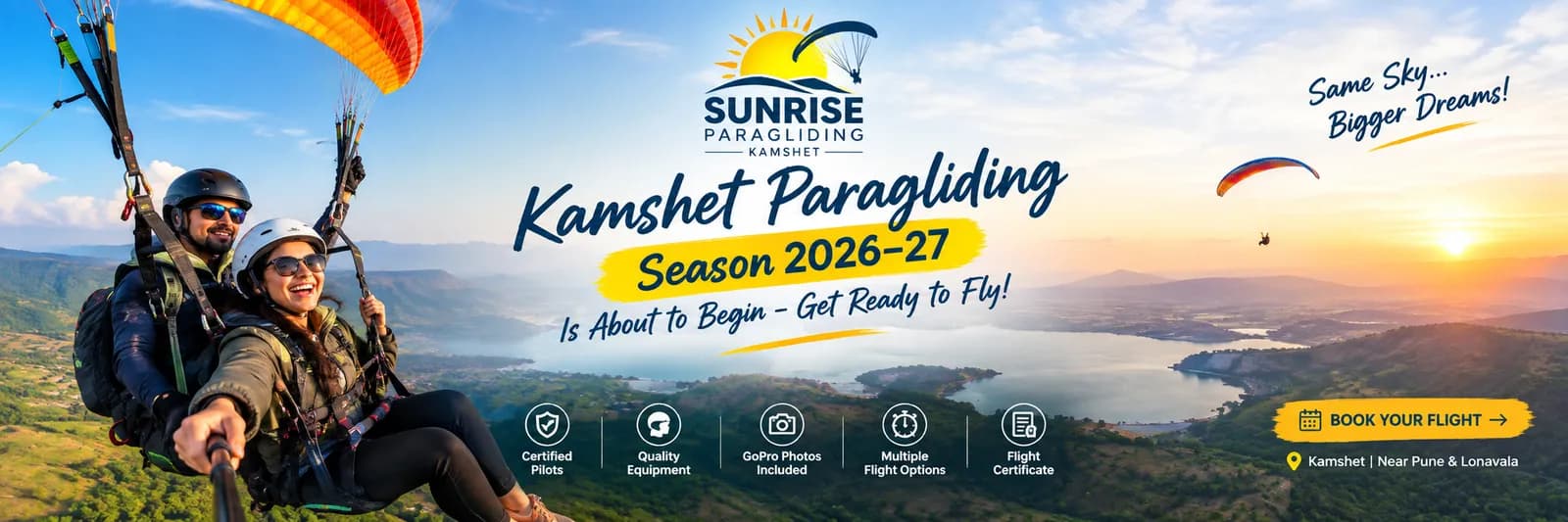 Paraglider flying over the Kamshet hills as the new season begins