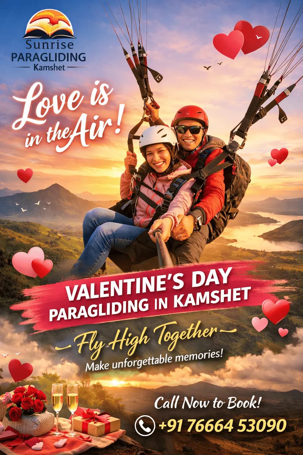 Couple enjoying a tandem paragliding flight over Kamshet on Valentine’s Day